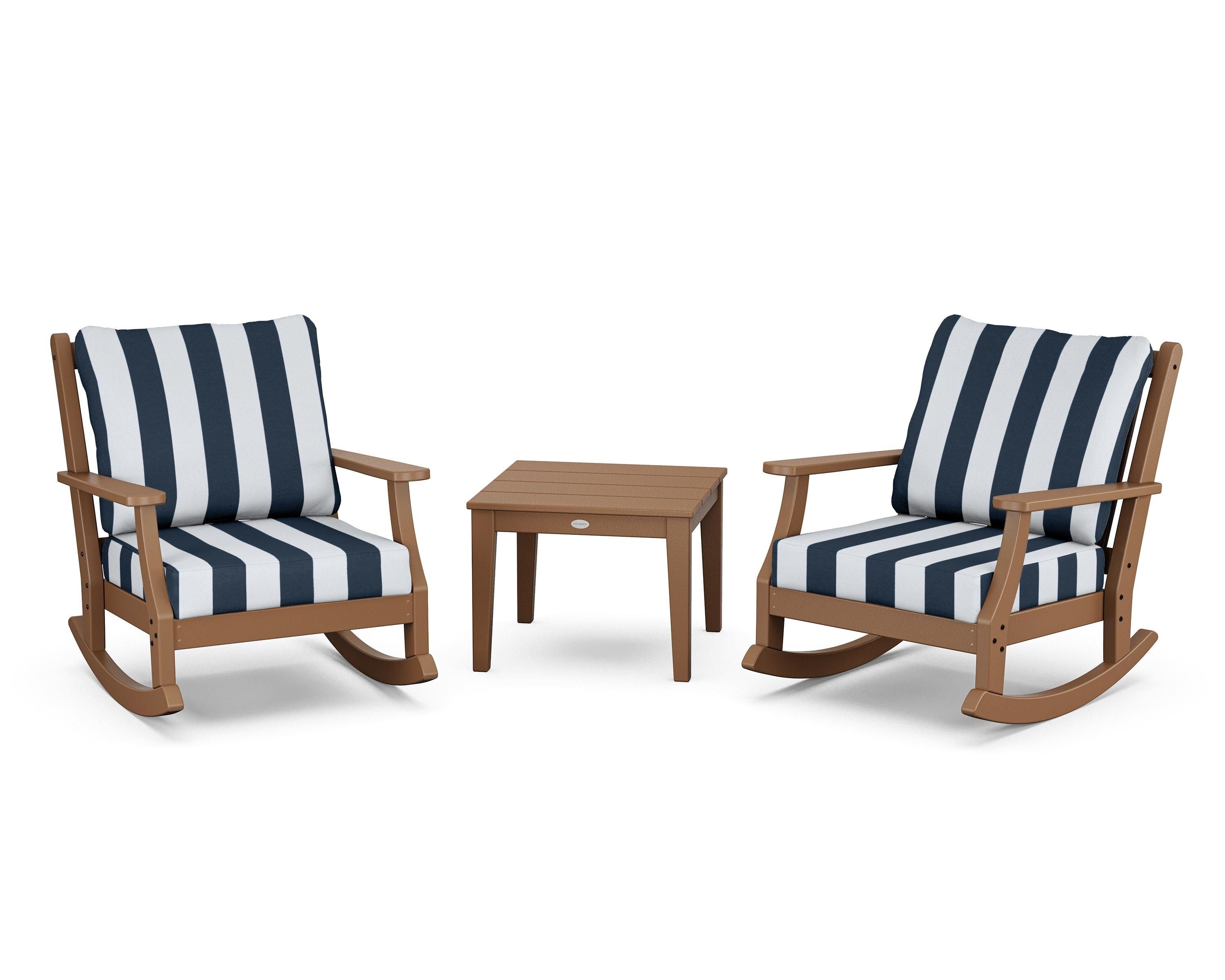 Country Living Wovendale 3-Piece Deep Seating Rocker Set in Teak / Cabana Stripe Marine Indigo
