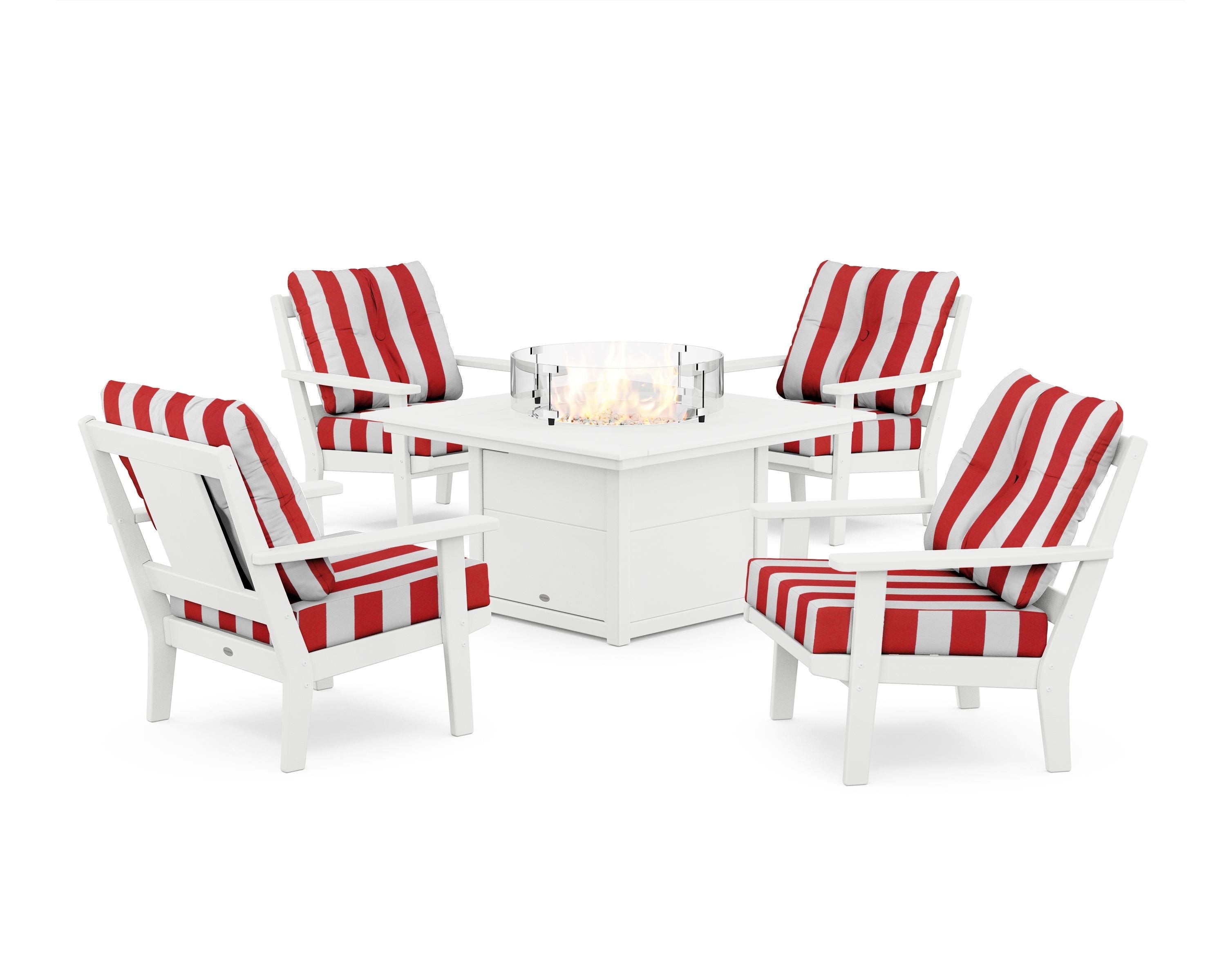 POLYWOOD® Prairie 5-Piece Deep Seating Set with Fire Pit Table in White / Cabana Stripe Crimson