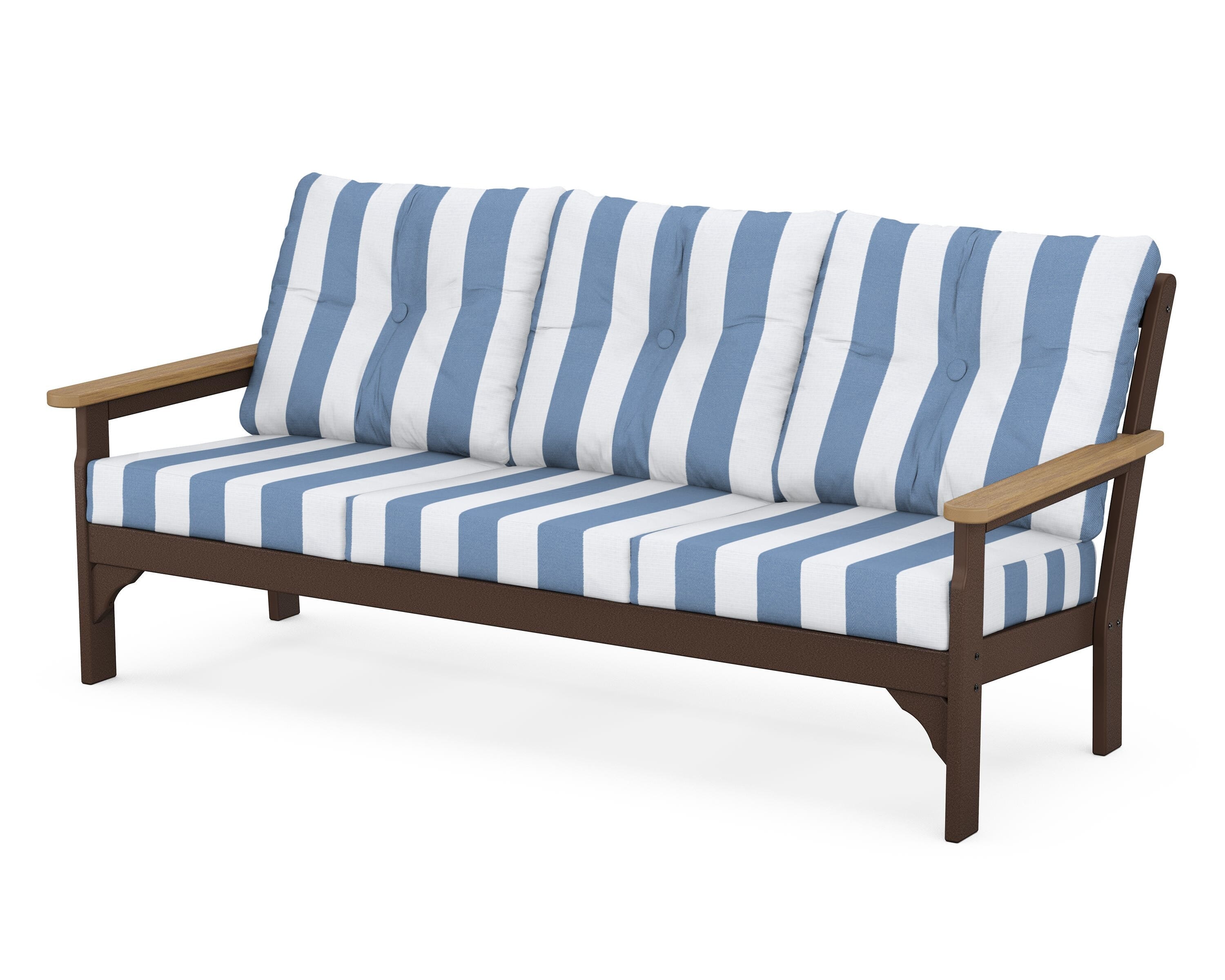 POLYWOOD® Vineyard Deep Seating Sofa in Mahogany / Natural / Cabana Stripe Sky Blue