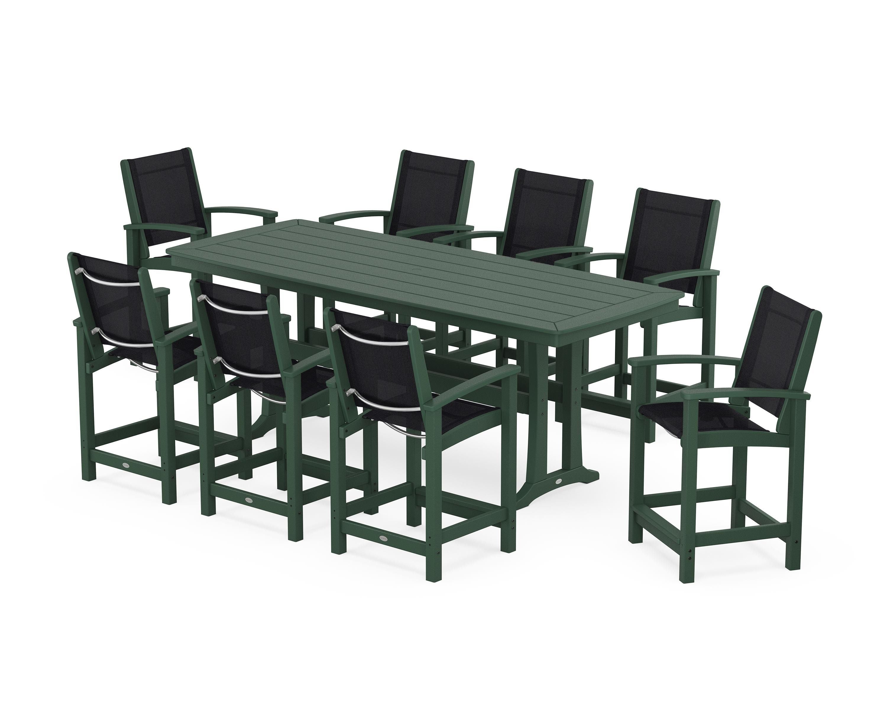 POLYWOOD® Coastal 9-Piece Counter Set with Trestle Legs in Green / Black Sling