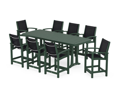 POLYWOOD® Coastal 9-Piece Counter Set with Trestle Legs in Green / Black Sling