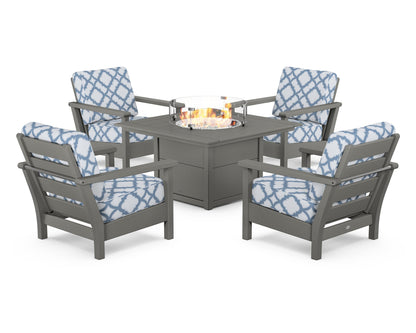 POLYWOOD® Harbour 5-Piece Conversation Set with Fire Pit Table in Slate Grey / Trellis Sky Blue