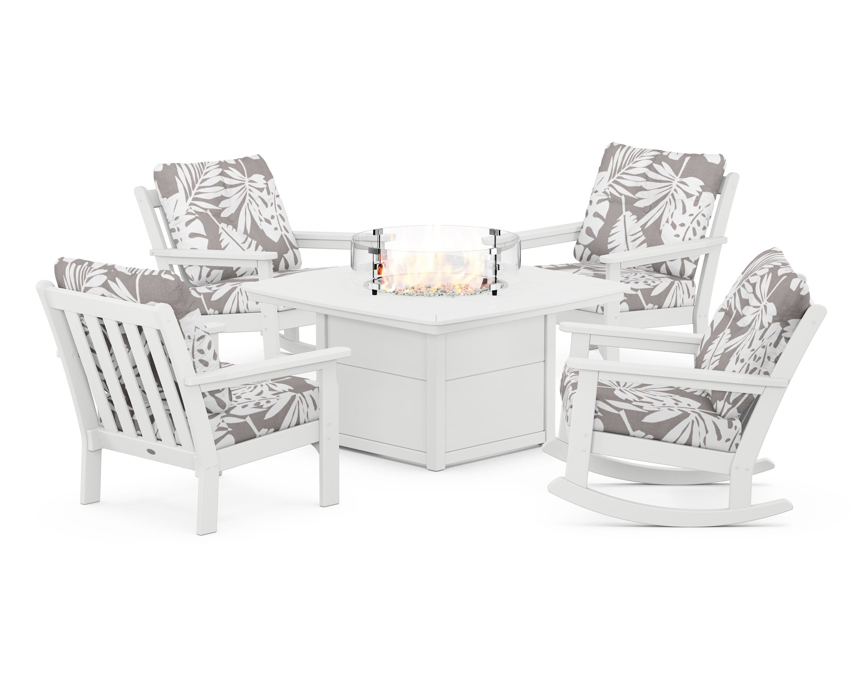 POLYWOOD® Vineyard 5-Piece Deep Seating Rocking Chair Conversation Set with Fire Pit Table in White / Leaf Grey Mist