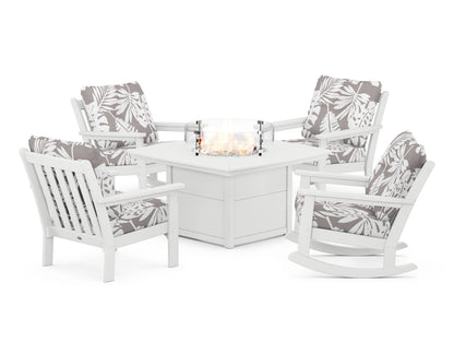 POLYWOOD® Vineyard 5-Piece Deep Seating Rocking Chair Conversation Set with Fire Pit Table in White / Leaf Grey Mist