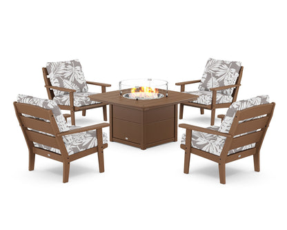 POLYWOOD® Lakeside 5-Piece Deep Seating Set with Nautical Fire Pit Table in Teak / Leaf Grey Mist