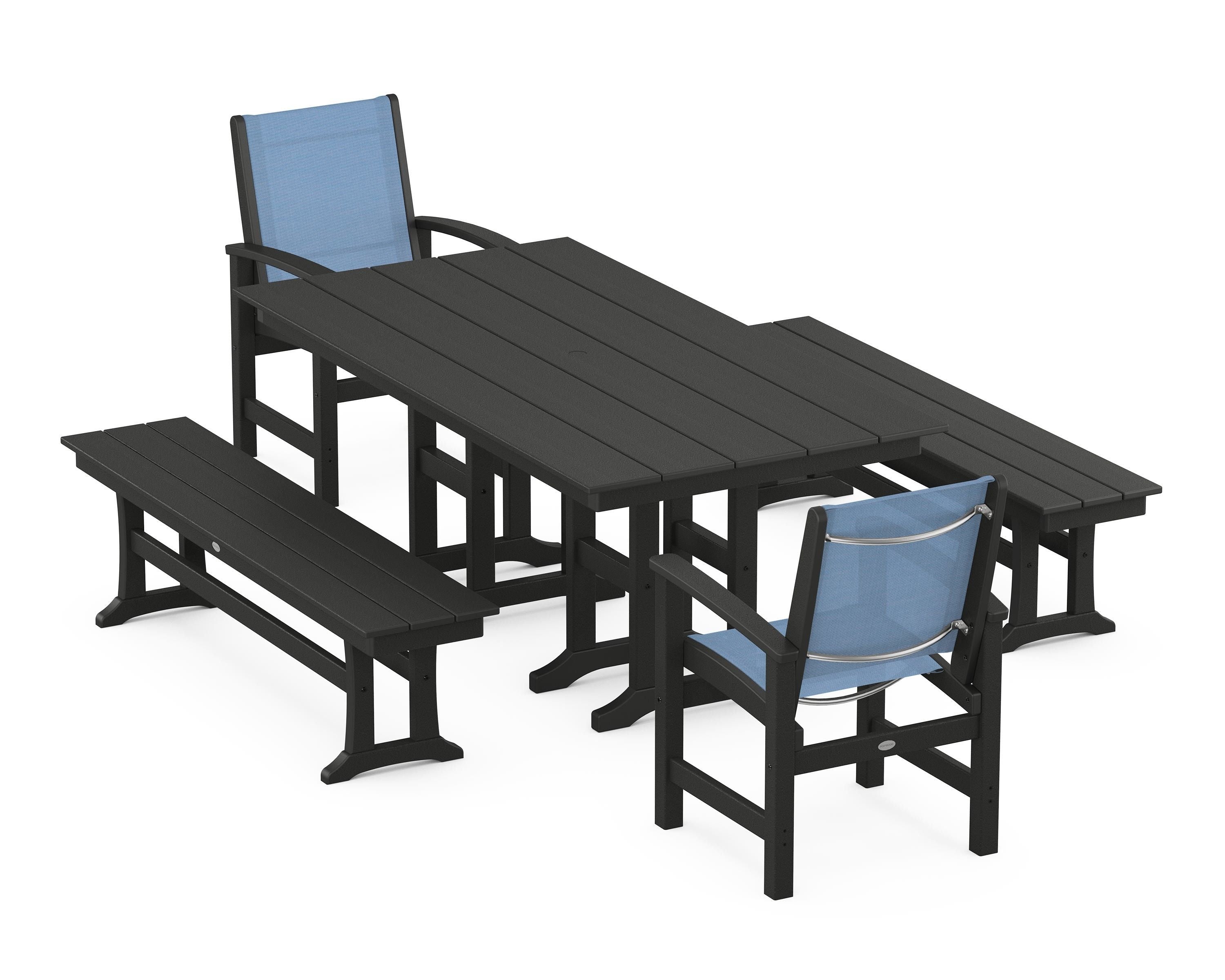 POLYWOOD® Coastal 5-Piece Farmhouse Dining Set in Black / Poolside Sling