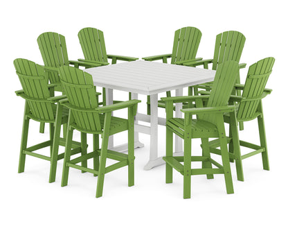POLYWOOD® Nautical Curveback Adirondack 9-Piece Trestle Bar Set in Lime / White