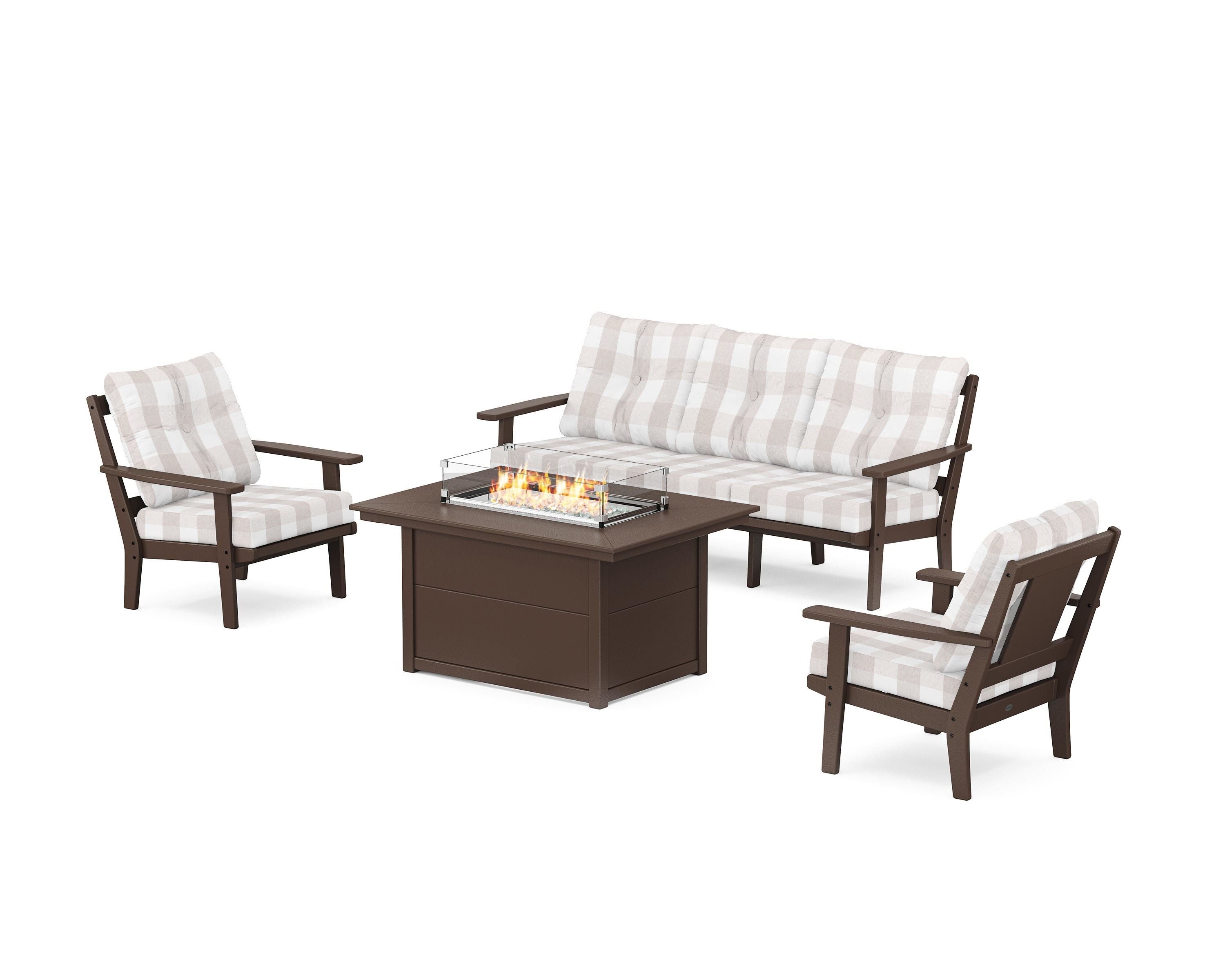 POLYWOOD® Prairie Deep Seating Fire Pit Table Set in Mahogany / Buffalo Plaid Dune Burlap