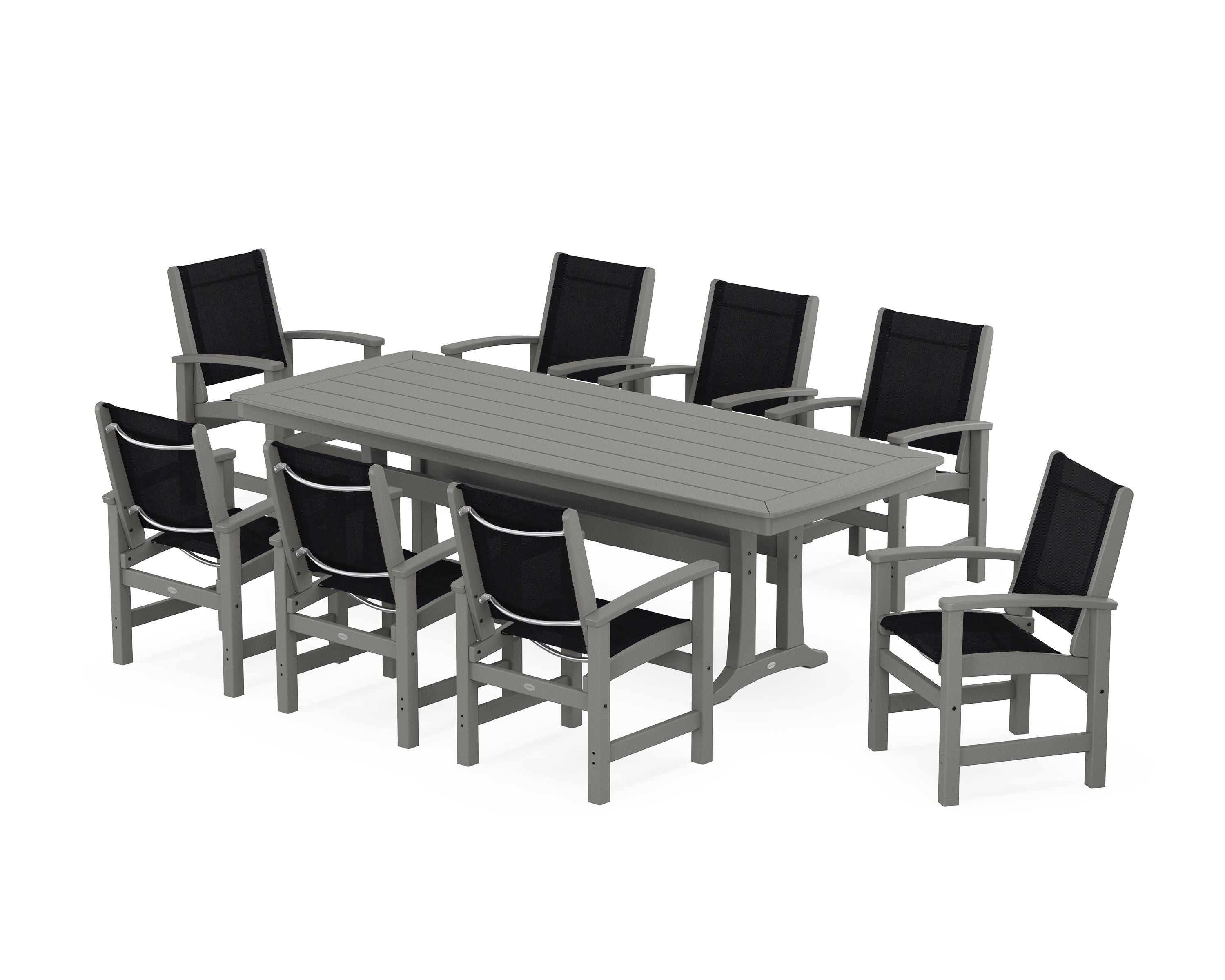 POLYWOOD® Coastal 9-Piece Dining Set with Trestle Legs in Slate Grey / Black Sling