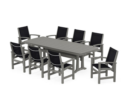 POLYWOOD® Coastal 9-Piece Dining Set with Trestle Legs in Slate Grey / Black Sling
