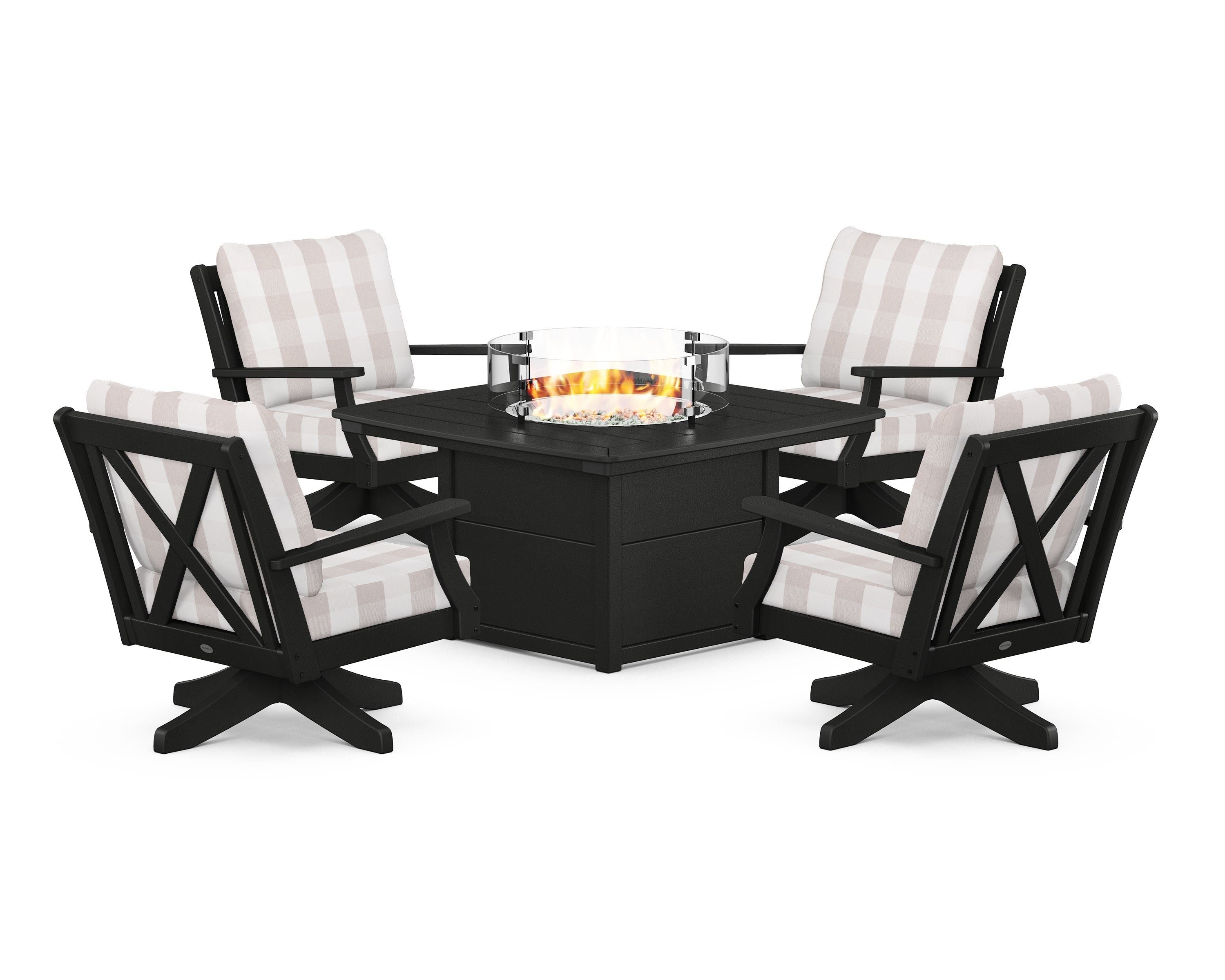 POLYWOOD® Braxton 5-Piece Deep Seating Swivel Conversation Set with Fire Pit Table in Black / Buffalo Plaid Dune Burlap