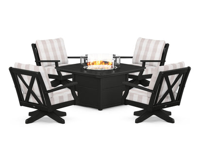 POLYWOOD® Braxton 5-Piece Deep Seating Swivel Conversation Set with Fire Pit Table in Black / Buffalo Plaid Dune Burlap