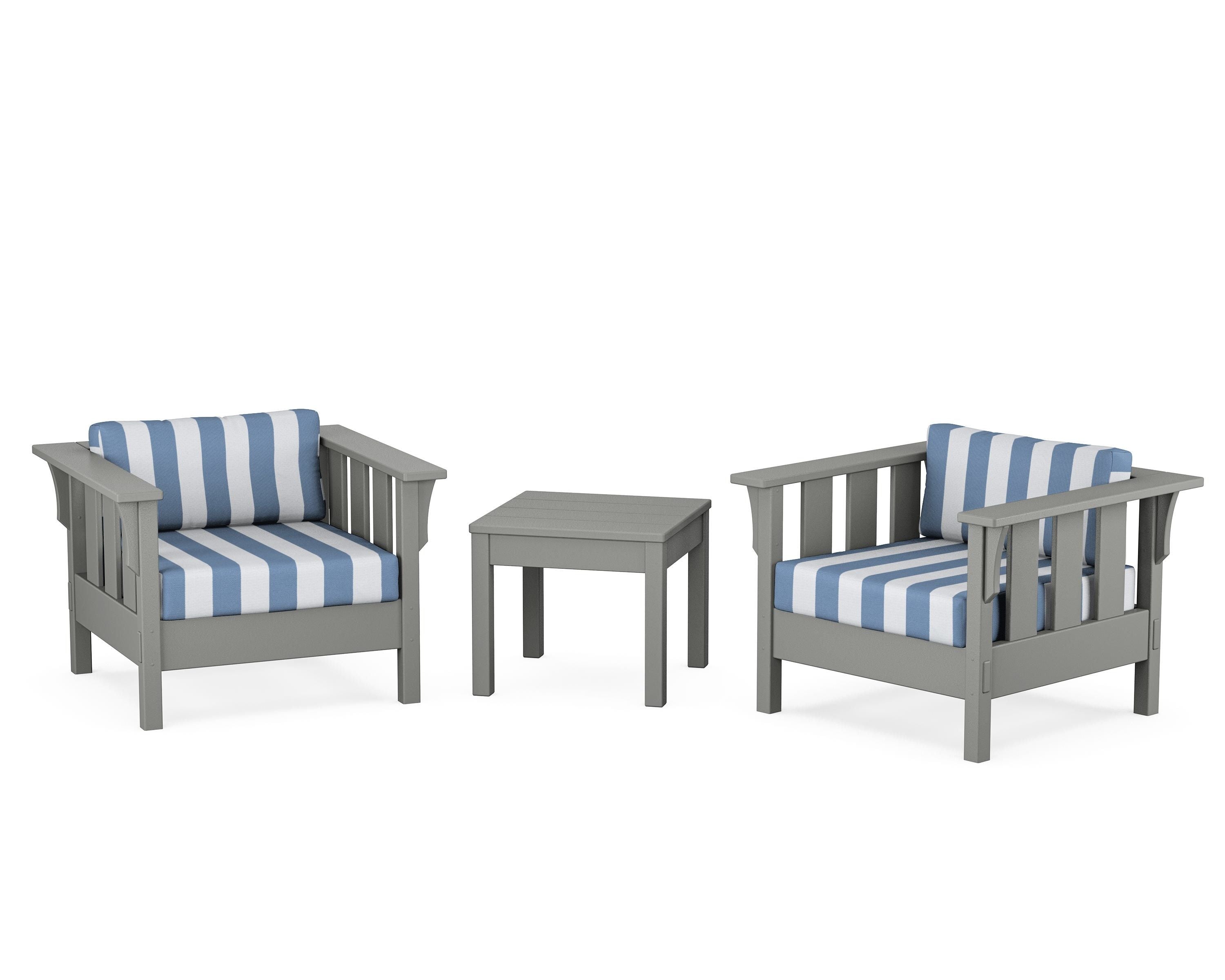 Martha Stewart by POLYWOOD® Acadia 3-Piece Deep Seating Set in Slate Grey / Cabana Stripe Sky Blue