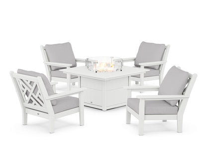 POLYWOOD® Chippendale 5-Piece Deep Seating Set with Fire Pit Table in White / Granite