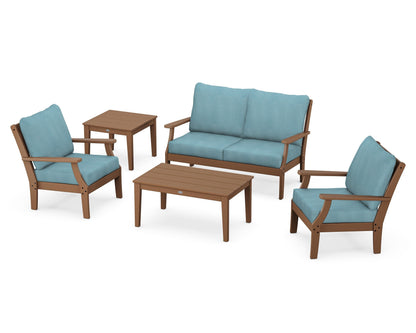 POLYWOOD® Braxton 5-Piece Deep Seating Set in Teak / Lattice Sky Blue