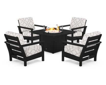 POLYWOOD® Harbour 5-Piece Conversation Set with Fire Pit Table in Black / Trellis Dune Burlap
