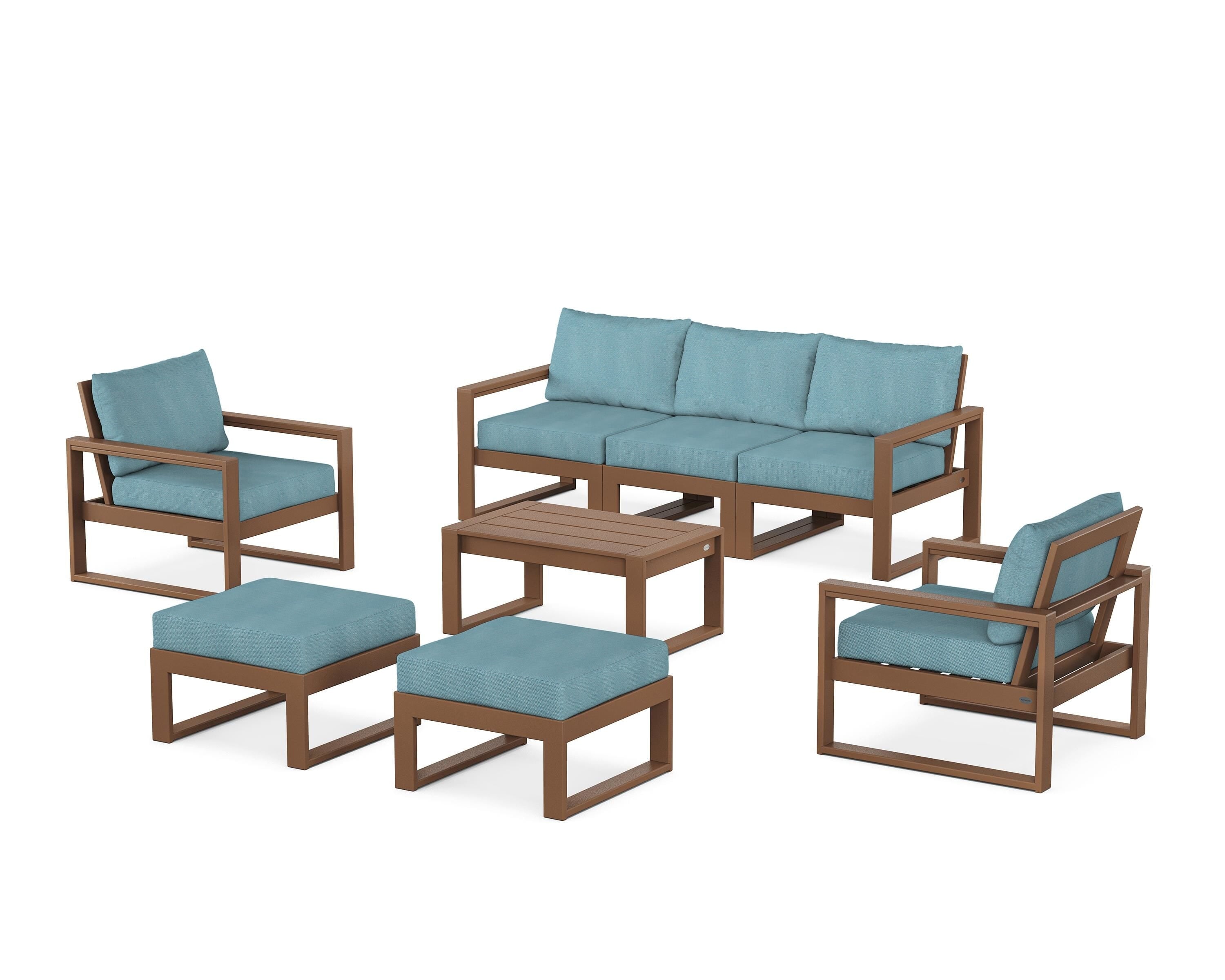 POLYWOOD® EDGE Sectional 8-Piece Lounge Sofa Set in Teak / Lattice Sky Blue