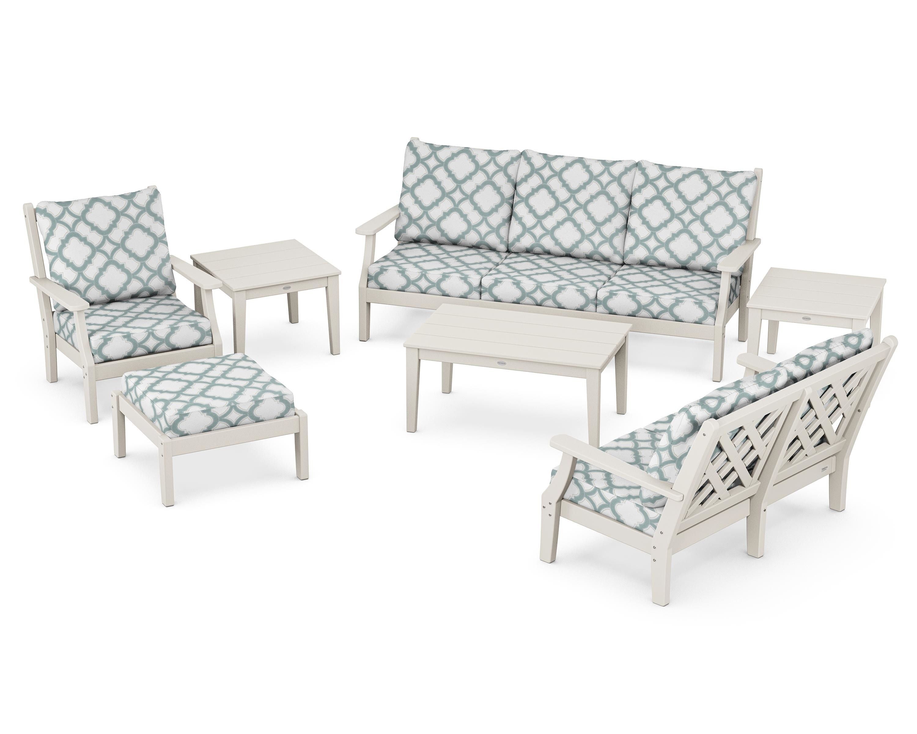 Country Living Wovendale 7-Piece Deep Seating Set in Sand / Trellis Glacier Spa