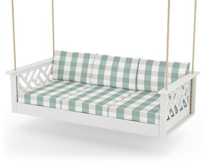 POLYWOOD® Chippendale Daybed Swing in White / Buffalo Plaid Glacier Spa