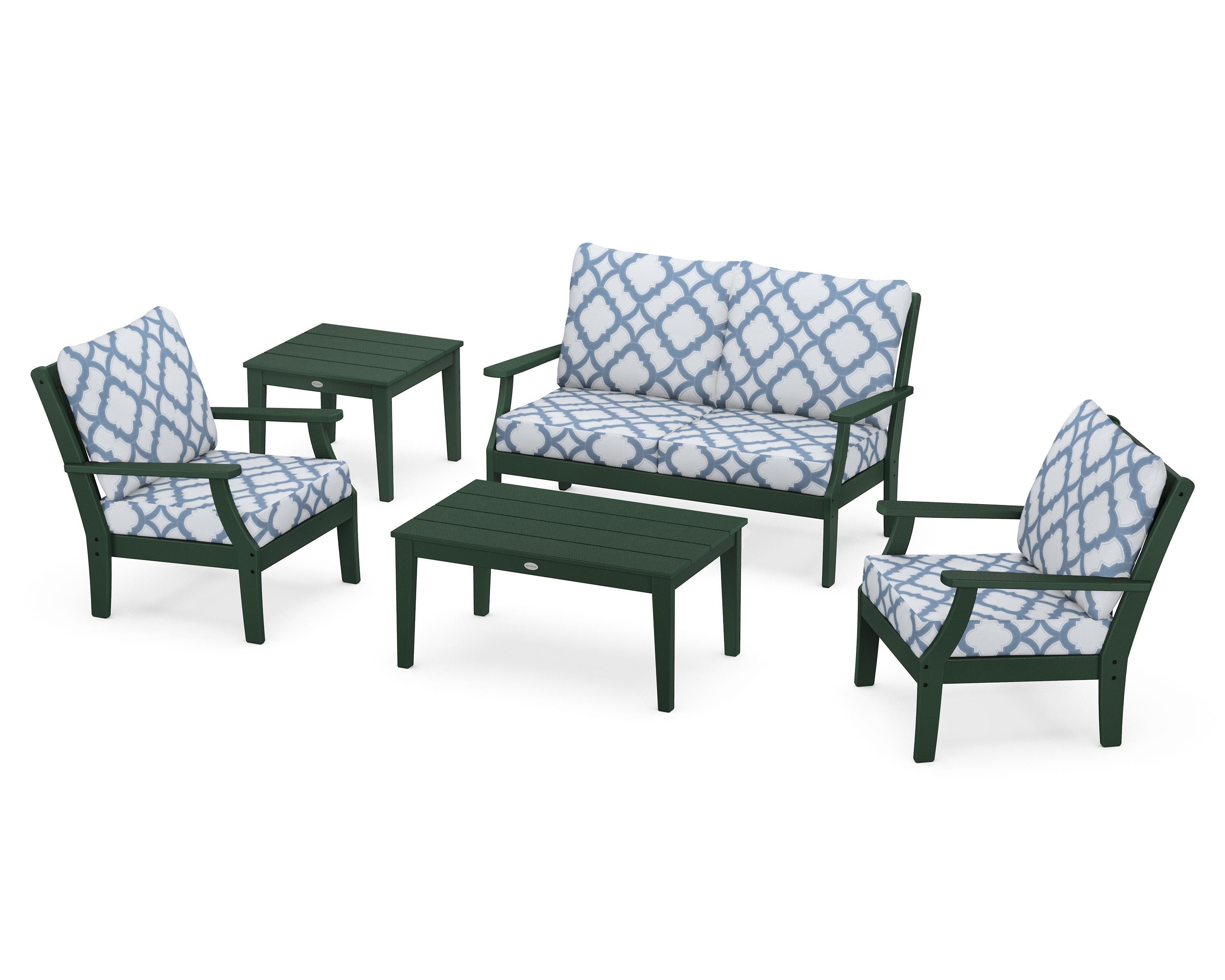 POLYWOOD® Braxton 5-Piece Deep Seating Set in Green / Trellis Sky Blue