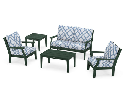 POLYWOOD® Braxton 5-Piece Deep Seating Set in Green / Trellis Sky Blue