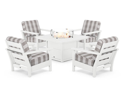 POLYWOOD® Harbour 5-Piece Conversation Set with Fire Pit Table in White / Buffalo Plaid Grey Mist