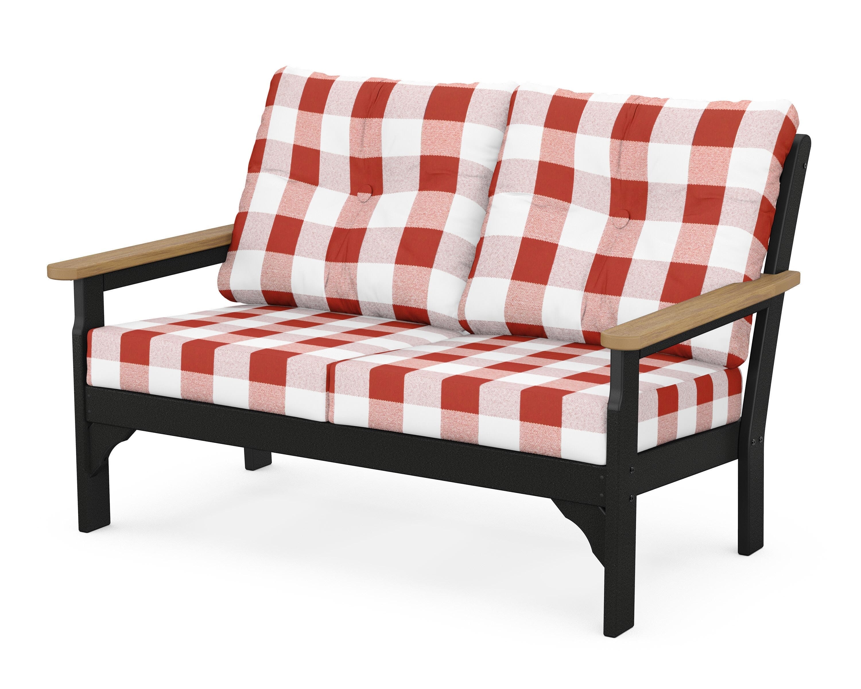POLYWOOD® Vineyard Deep Seating Loveseat in Black / Natural / Buffalo Plaid Crimson