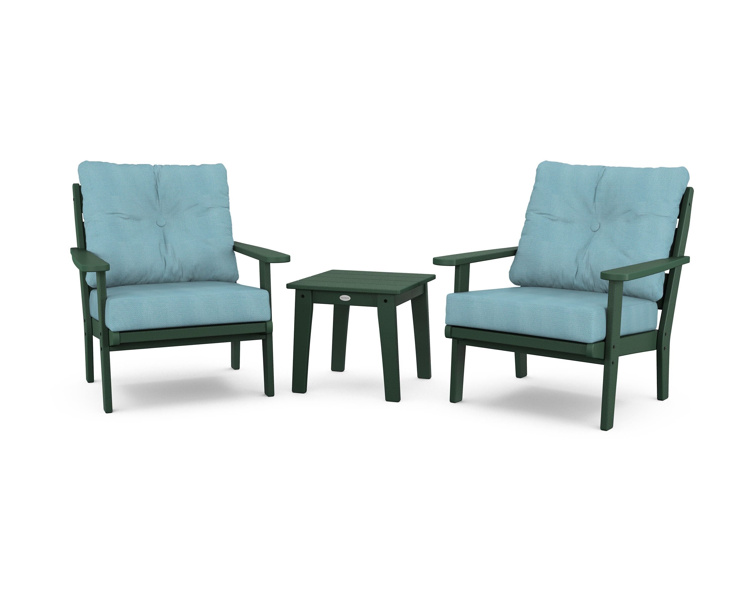 POLYWOOD® Lakeside 3-Piece Deep Seating Chair Set in Green / Lattice Sky Blue