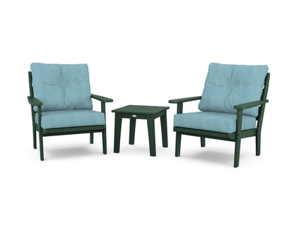 POLYWOOD® Lakeside 3-Piece Deep Seating Chair Set in Green / Lattice Sky Blue