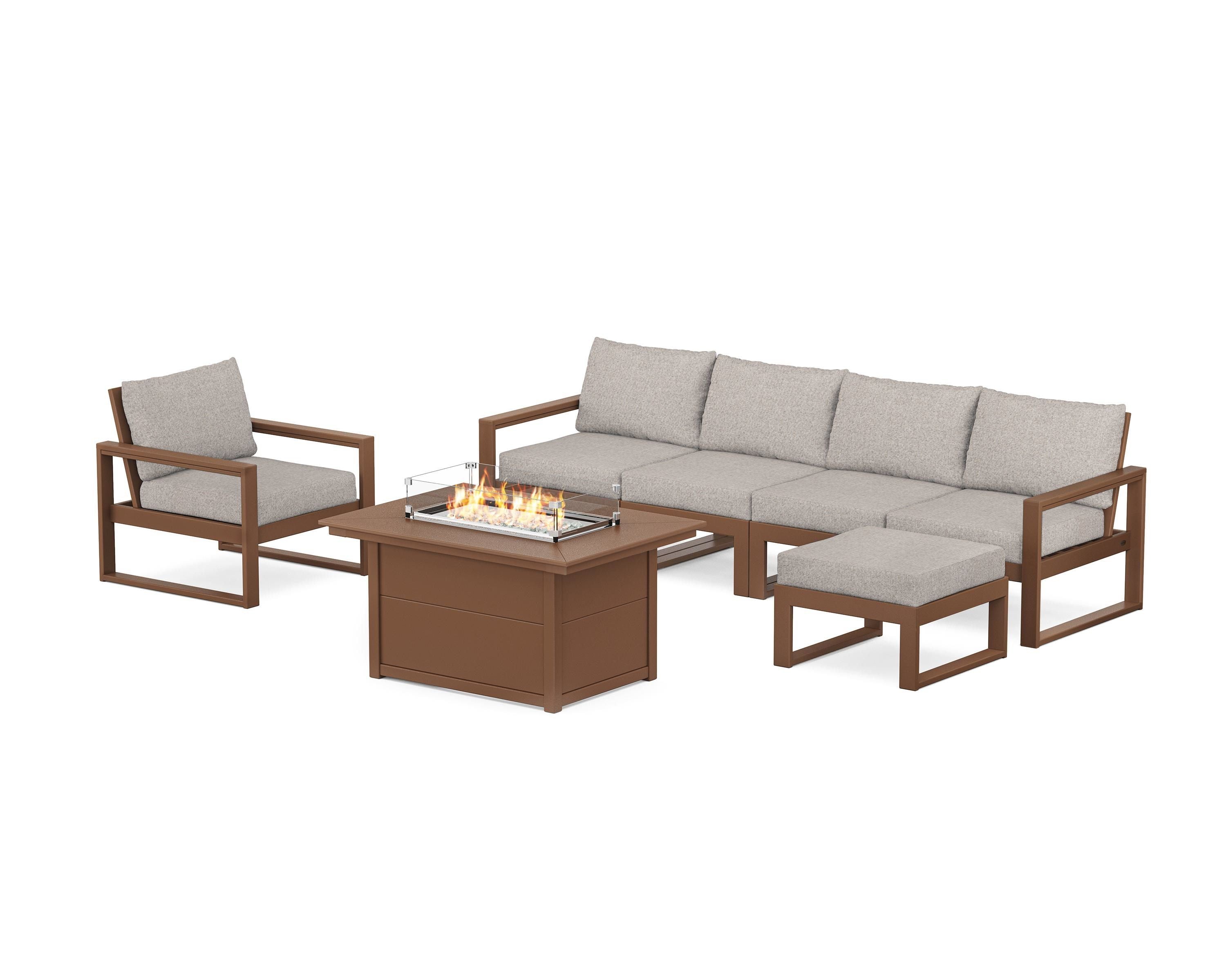 POLYWOOD® EDGE Sectional Lounge and Fire Pit Set in Teak / Weathered Tweed