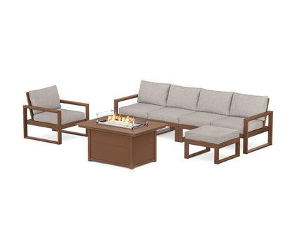 POLYWOOD® EDGE Sectional Lounge and Fire Pit Set in Teak / Weathered Tweed