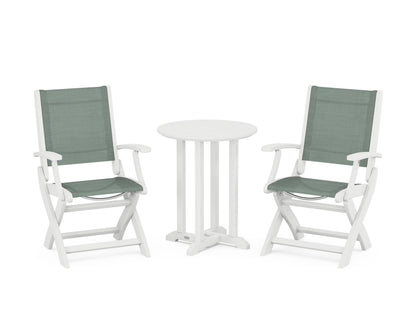 POLYWOOD® Coastal Folding 3-Piece Round Bistro Dining Set in White / Dupioni Sea Mist Sling