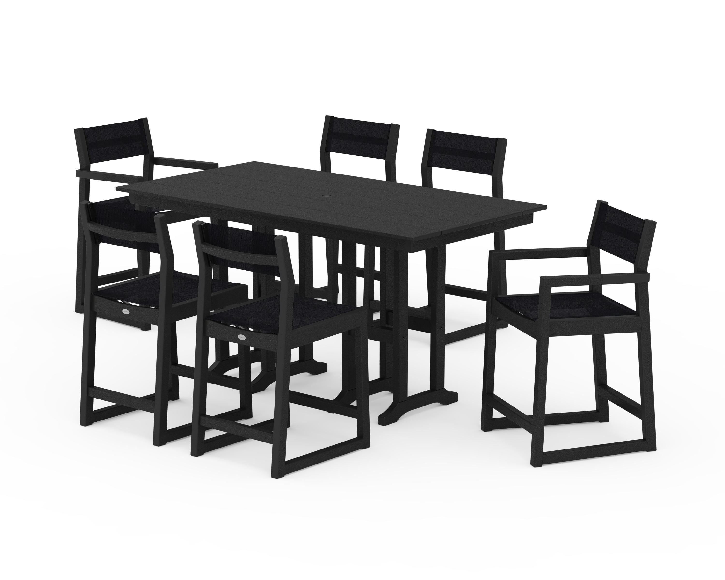 POLYWOOD® EDGE Sling 7-Piece Farmhouse Counter Set in Black / Black Sling