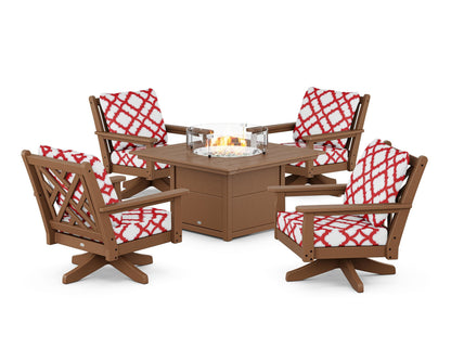 POLYWOOD® Chippendale 5-Piece Deep Seating Swivel Conversation Set with Fire Pit Table in Teak / Trellis Crimson