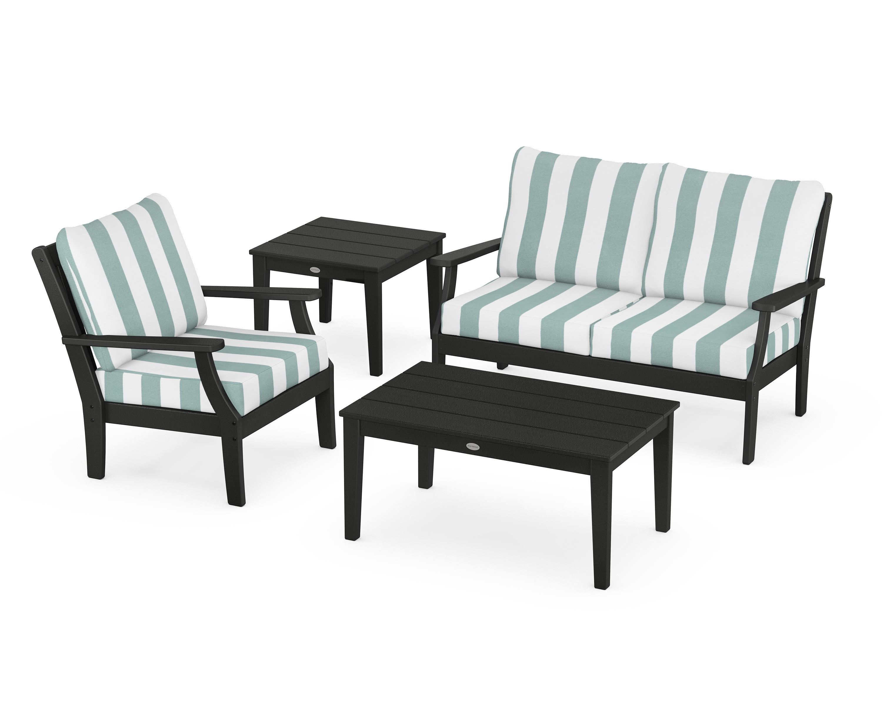 POLYWOOD® Braxton 4-Piece Deep Seating Set in Black / Cabana Stripe Glacier Spa