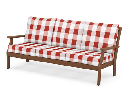 POLYWOOD® Braxton Deep Seating Sofa in Teak / Buffalo Plaid Crimson