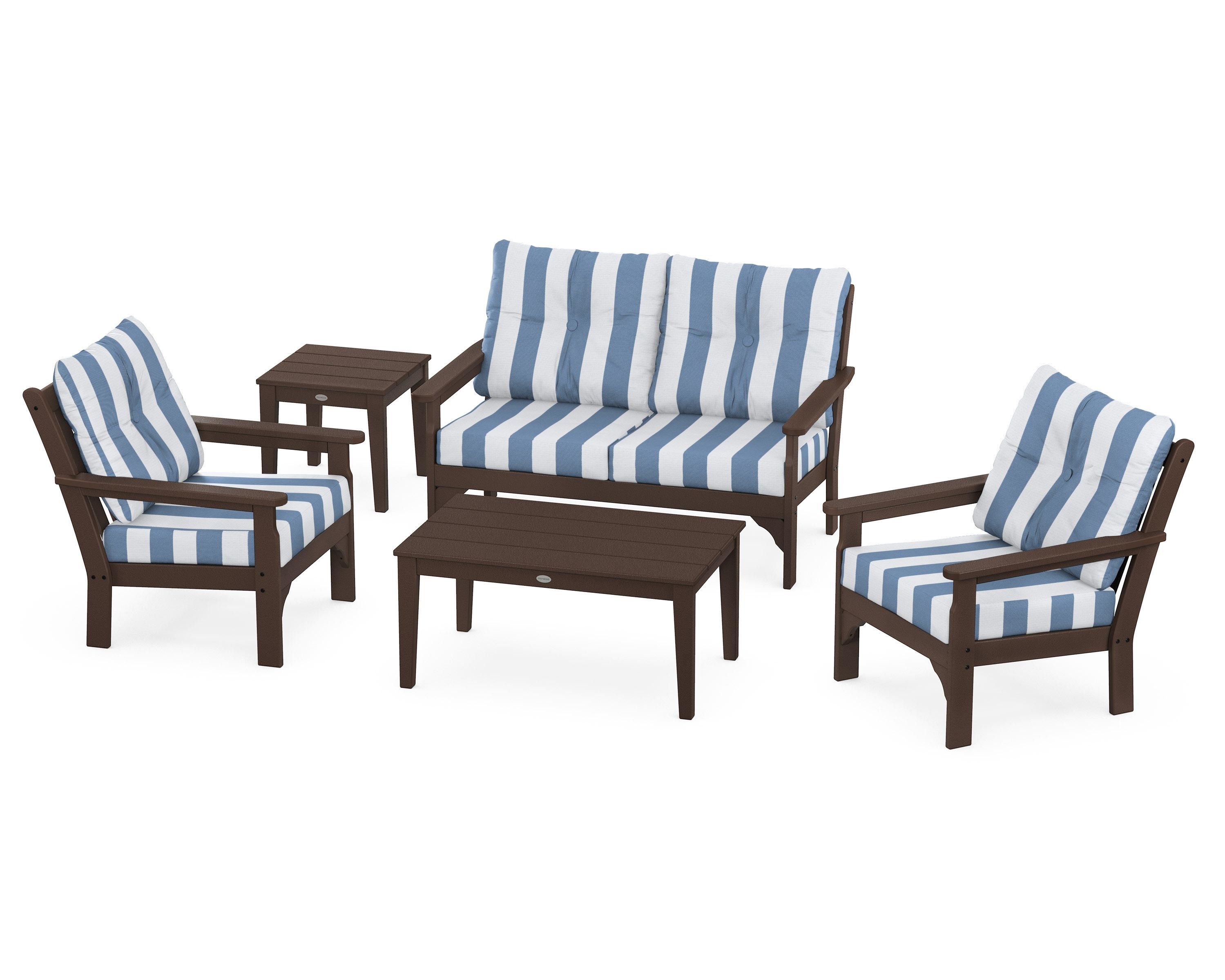 POLYWOOD® Vineyard 5-Piece Deep Seating Set in Mahogany / Cabana Stripe Sky Blue