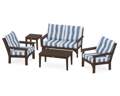 POLYWOOD® Vineyard 5-Piece Deep Seating Set in Mahogany / Cabana Stripe Sky Blue