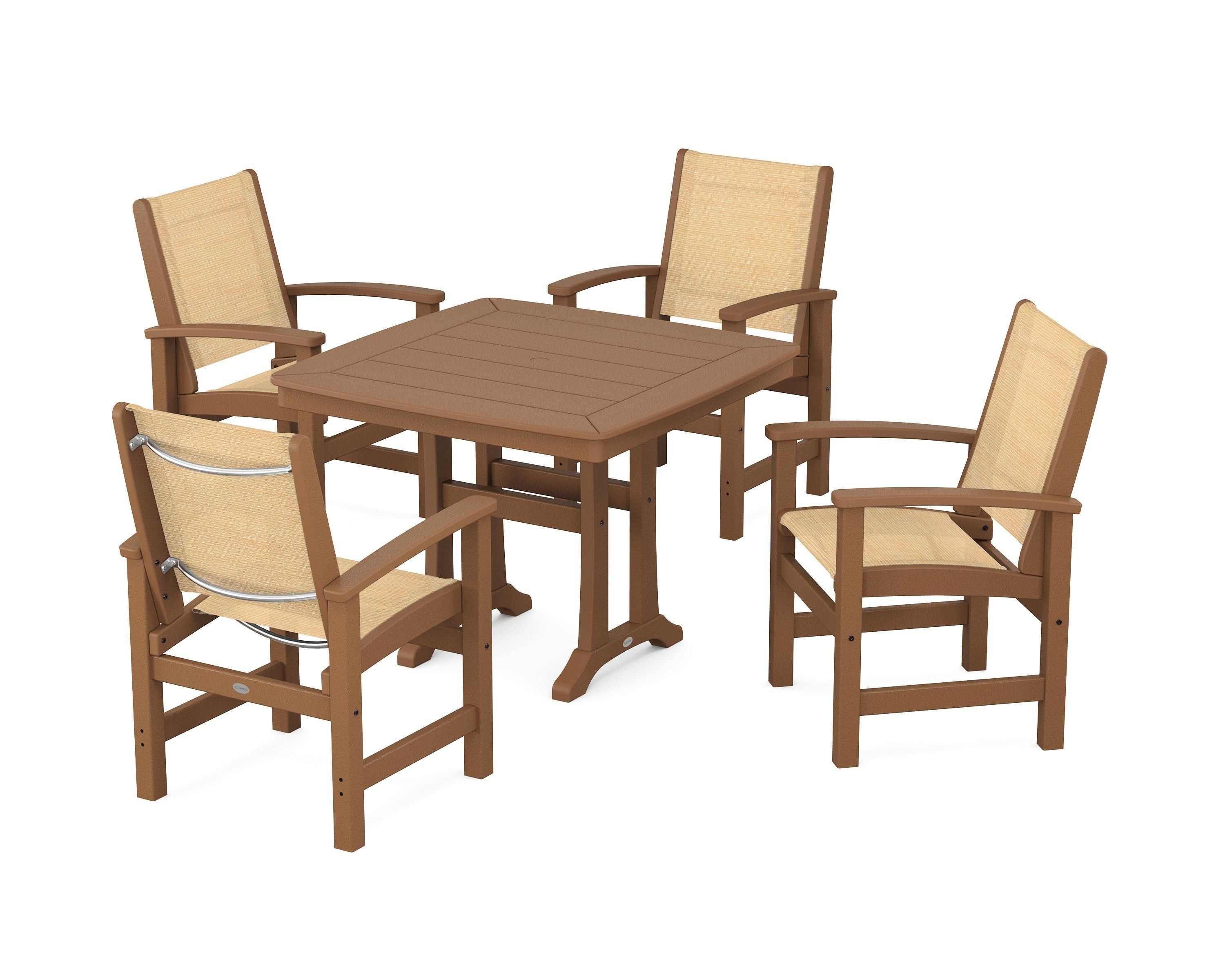 POLYWOOD® Coastal 5-Piece Dining Set with Trestle Legs in Teak / Dupioni Apricot Sling