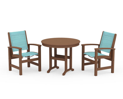 POLYWOOD® Coastal 3-Piece Round Dining Set in Teak / Dupioni Aquamarine Sling