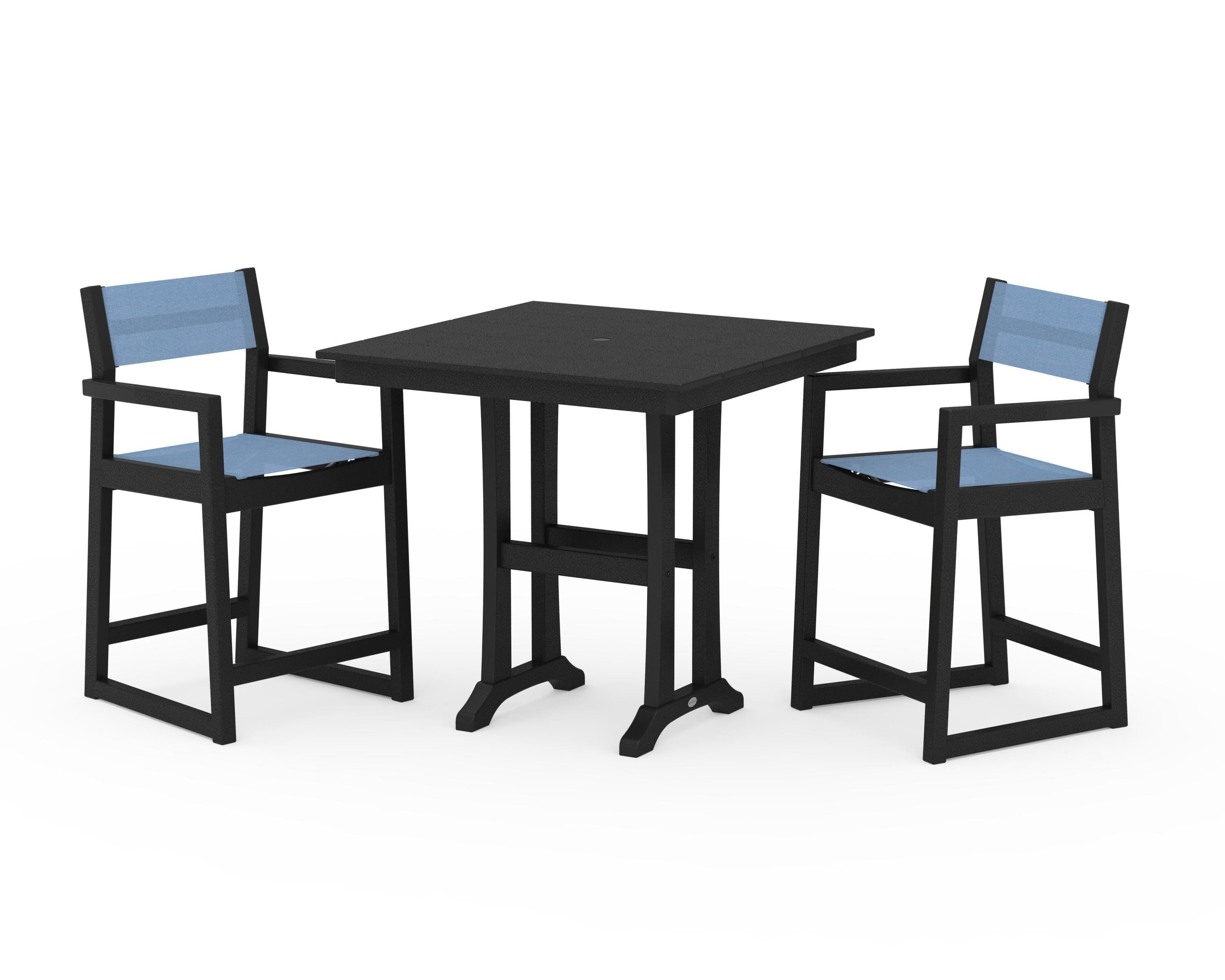 POLYWOOD® EDGE Sling Arm Chair 3-Piece Farmhouse Counter Set with Trestle Legs in Black / Poolside Sling