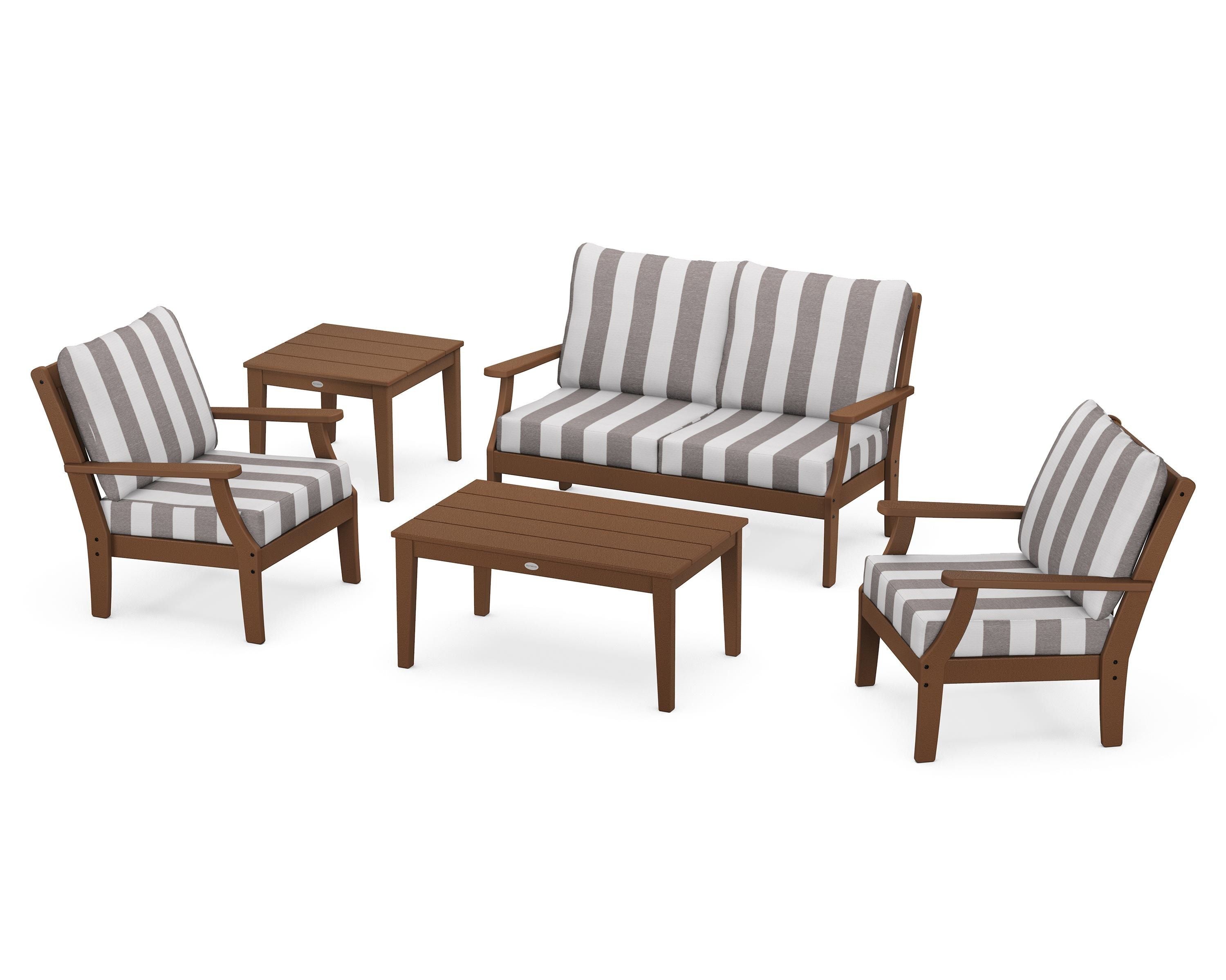 POLYWOOD® Braxton 5-Piece Deep Seating Set in Teak / Cabana Stripe Grey Mist