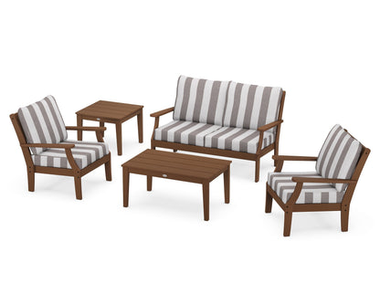 POLYWOOD® Braxton 5-Piece Deep Seating Set in Teak / Cabana Stripe Grey Mist