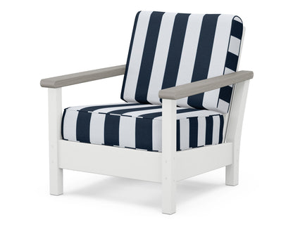 POLYWOOD® Harbour Deep Seating Chair in White / Driftwood / Cabana Stripe Marine Indigo