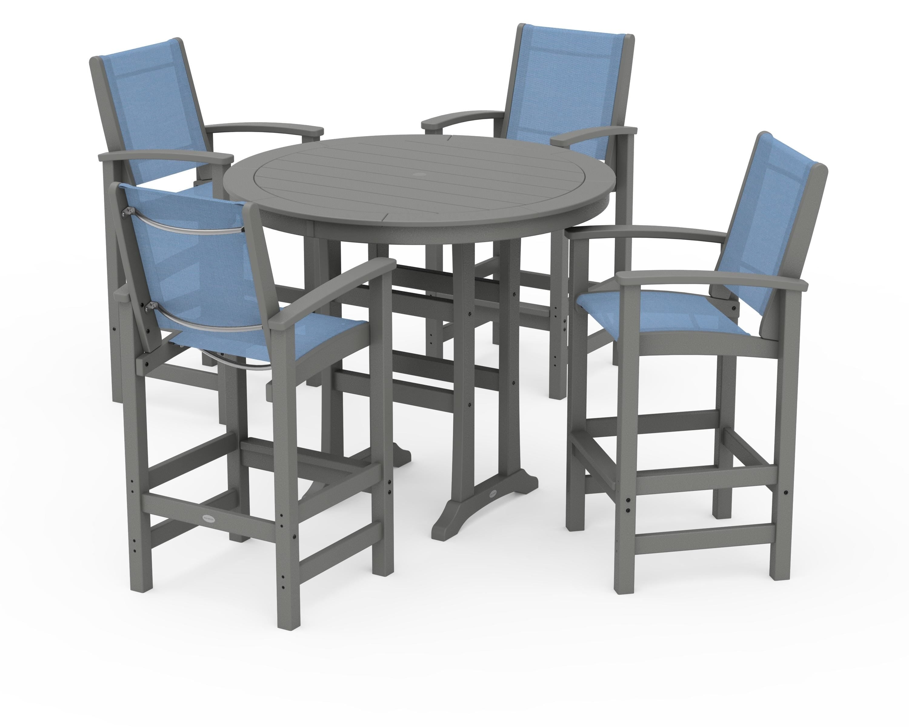 POLYWOOD® Coastal 5-Piece Nautical Trestle Bar Set in Slate Grey / Poolside Sling