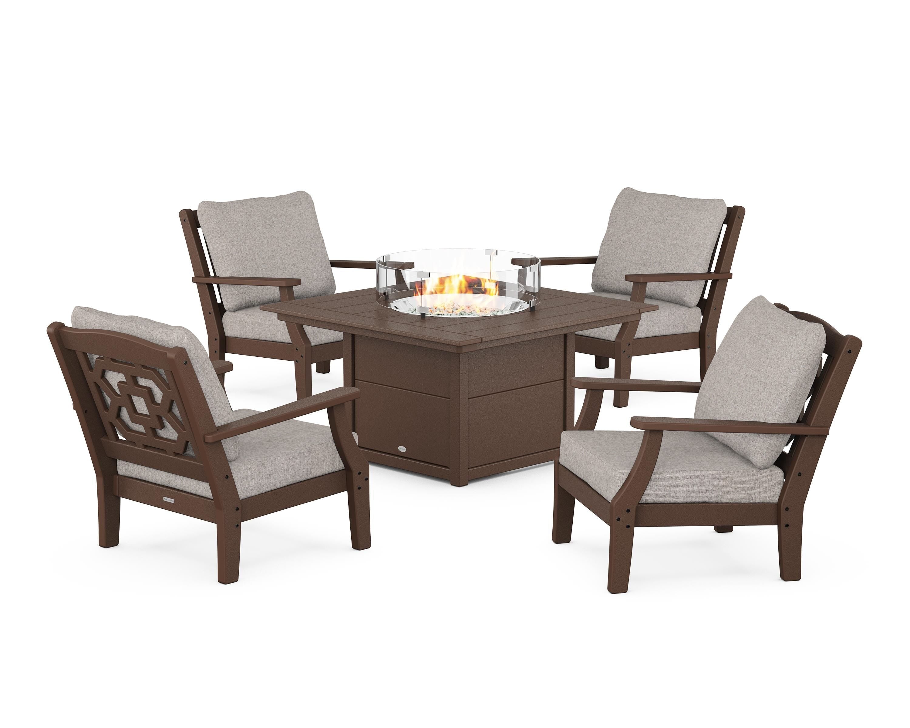 Martha Stewart by POLYWOOD® Chinoiserie 5-Piece Deep Seating Set with Fire Pit Table in Mahogany / Weathered Tweed