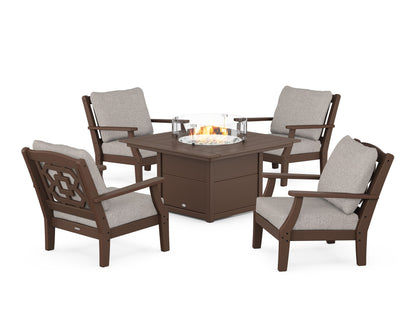 Martha Stewart by POLYWOOD® Chinoiserie 5-Piece Deep Seating Set with Fire Pit Table in Mahogany / Weathered Tweed