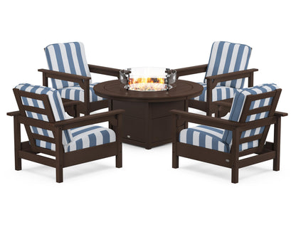 POLYWOOD® Club 5-Piece Conversation Set with Fire Pit Table in Mahogany / Cabana Stripe Sky Blue