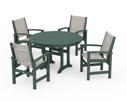 POLYWOOD® Coastal 5-Piece Round Dining Set with Trestle Legs in Green / Birch Sling
