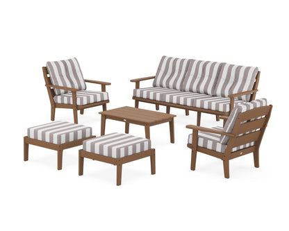 POLYWOOD® Lakeside 6-Piece Lounge Sofa Set in Teak / Cabana Stripe Grey Mist